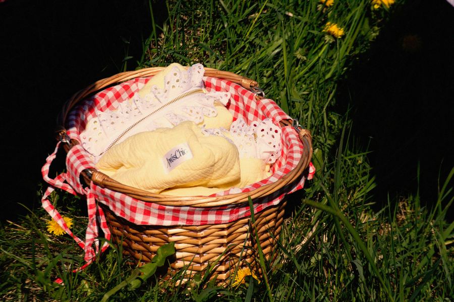 Close-up of a wicker picnic basket lined in red gingham, holding a folded pale yellow quilted garment with white eyelet lace trim in a grassy, dandelion-dotted field.